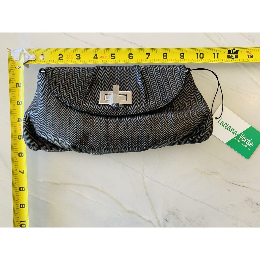 NWT‎ Luciana Verde Leather Crossbody Clutch Herringbone Shoulder Handbag Gray